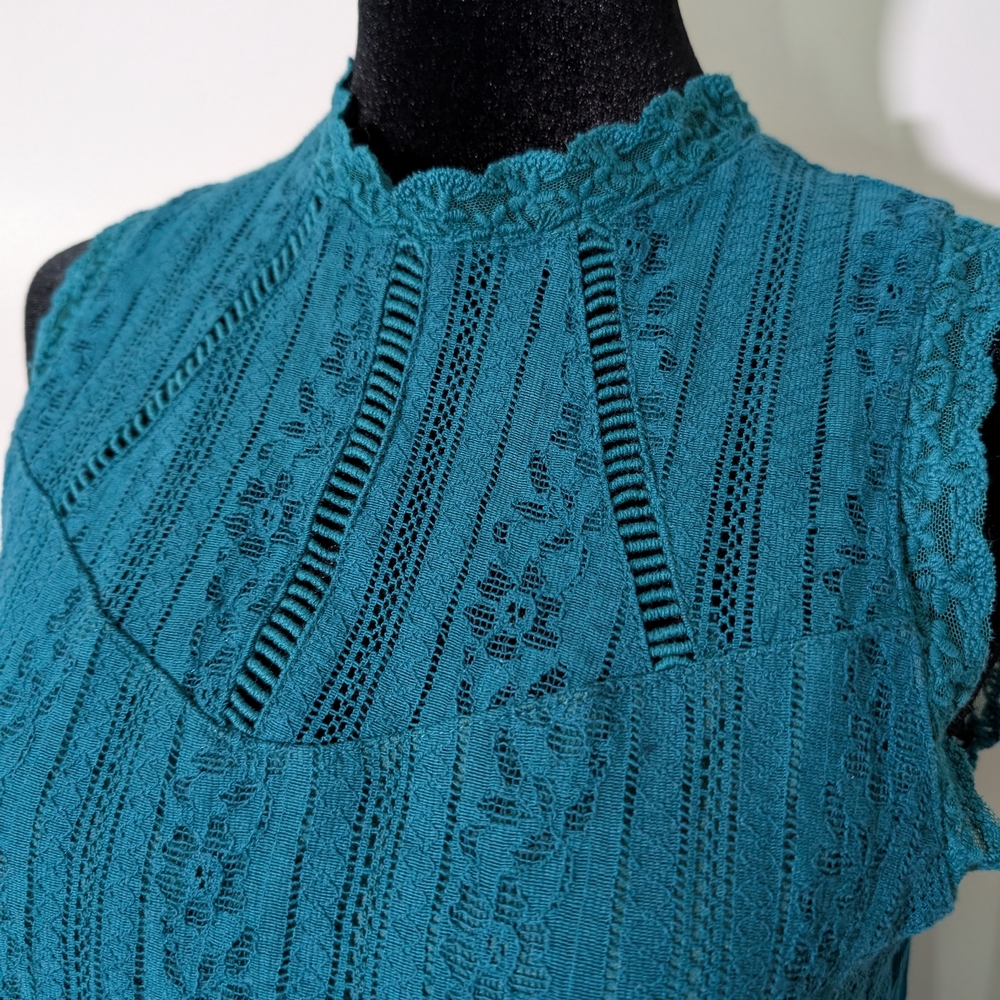 Teal Lace Sleeveless Top Lace Detailing High Neck